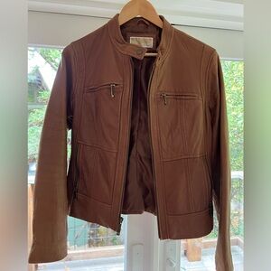 Michael michael kors leather moto style jacket in camel color.